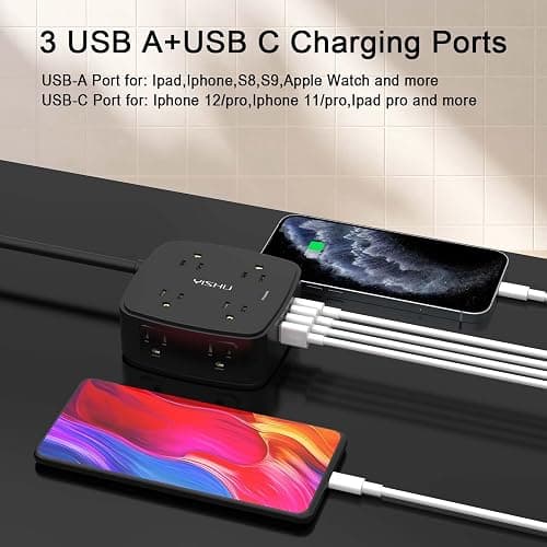 6 Ft Surge Protector Power Strip - 8 Widely Outlets with 4 USB Ports, 3 Side Outlet Extender with 6 Feet Extension Cord, Flat Plug, Wall Mount, Desk USB Charging Station, ETL,Black thumbnail 3