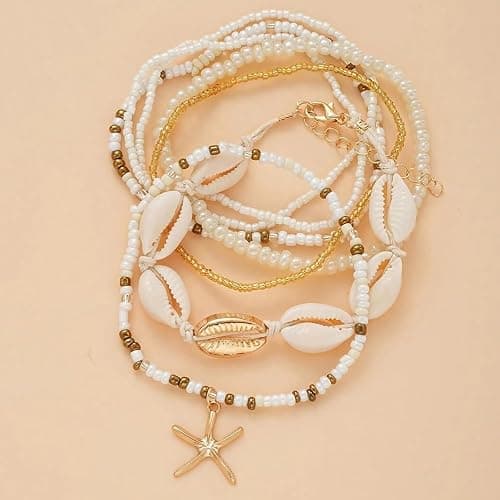Qceasiy Shell Ankle Bracelet Set for Women, Gold Plated Boho Bead Adjustable Anklet, Hawaiian Beach Seashell Pearl Heart Starfish Conch Foot Jewelry Gifts thumbnail 7