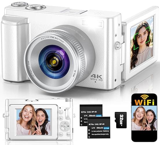 4K Digital Camera for Photography Autofocus, 64MP WiFi Vlogging Camera for YouTube with 2 Batteries, SD Card, 3" 180°Flip Screen Selfie Compact Travel Camera for Teens with 16X Zoom, Anti-Shake, White - Image 1