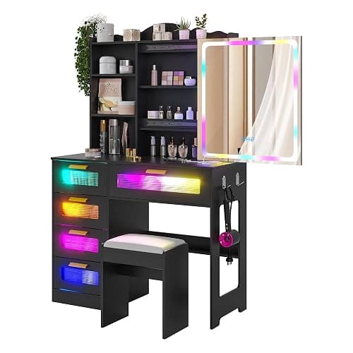 HNEBC Vanity Desk with Sliding Mirror and LED Lights, RGB Vanitys with Charging Station, Makeup Vanitys with Remote Control, White Dresser with Stool/Lager Drawers for Bedroom (Black) thumbnail 9