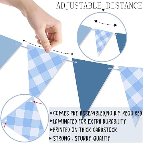 Blue Pennant Flag Banner for Boy Birthday Party Decor, Blue Gingham Triangle Banner Garland for Nautical Wedding Birthday Party Ahoy Achor Bridal Baby Shower Supplies thumbnail 4
