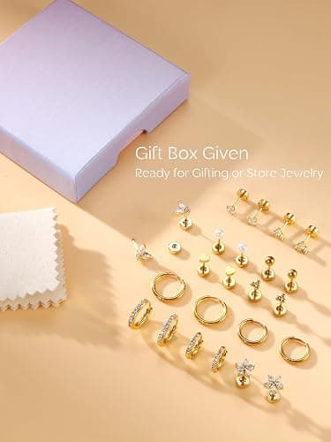 CASSIECA 12 Paar Ohrringe Gold Silber Set, 316L Chirurgenstahl Ohrringe für Damen Herren Medizinische Ohrstecker und Creolen für Mehrfachpiercing 14K Vergoldet Helix Tragus Piercing Ohr Gold Silber thumbnail 6