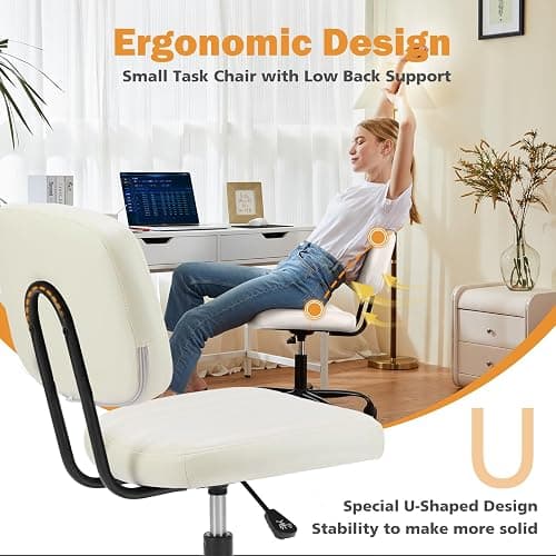 Sweetcrispy Small Office Computer Desk Chair with Wheels and Lumbar Support, Comfy Cute Armlees PU Leather Vanity Rolling Swuvel Task Chair No Arm for Adult, Student - Beige White thumbnail 4