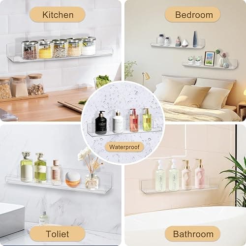 Estantes flotantes transparentes montados en la pared, juego de 4, estantes acrílicos de 38 cm para almacenamiento en la pared, estantería para niños, estantes colgantes de acrílico para dormitorio thumbnail 6