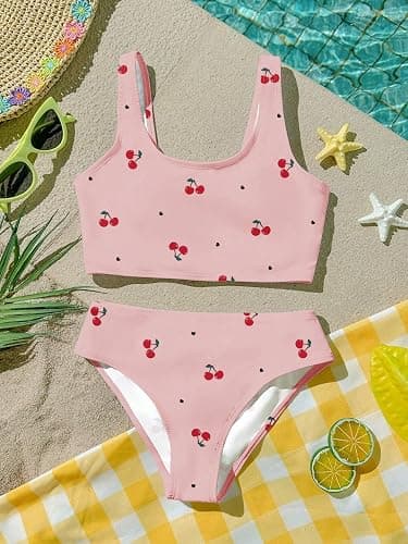 Luckydora Girl's Cherry Print Bikini Set Scoop Neck Crop Tank Two Piece Summer Swimwear Cute Bathing Suit Beach Outfit thumbnail 4