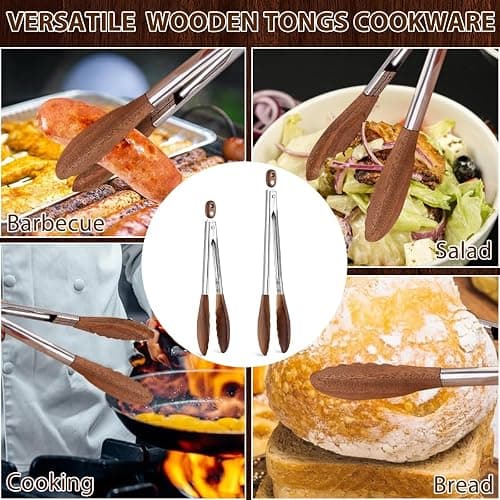 Wooden Tongs for Cooking & Serving Food, Stainless Steel Salad Tongs with Walnut Wood Tip, Anti-Slip Long Handle Wooden Kitchen Tongs Heat Resistant, Smooth Locking & Hanging Cooking Utensils Set of 2 thumbnail 7