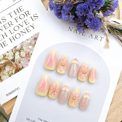 24pcs French Tip Press on Nails Short Almond Fake Nails with 3D Flower Designs Summer Floral False Nails Kit Pink Yellow Gradient Acrylic Nail Tips Full Cover Stick on Nails for Women thumbnail 4