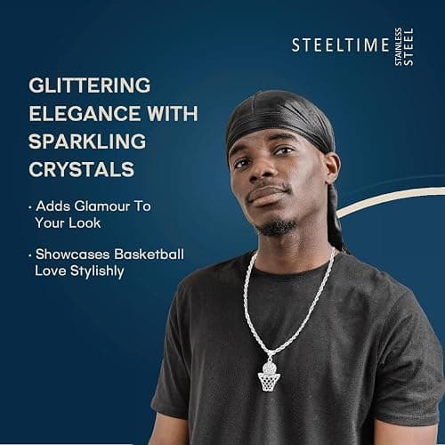 STEELTIME NYC Basketball Necklace - 18K Plated Basketball Chain with Hoop for Men, Women, Teens - Gold, Silver & Black Color Options - Stainless Steel Sports Pendant with Simulated Diamond CZ Stones thumbnail 3