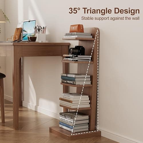 WoodsWhisper Narrow Bookshelf Ladder Bookshelf 5 Shelf Bookcase, Mid Century Modern Bookcase with Freestanding Display Shelves,Anti-tip Device and Thickened Base for Small Space,Living Room, Office - Walnut - 5C thumbnail 7