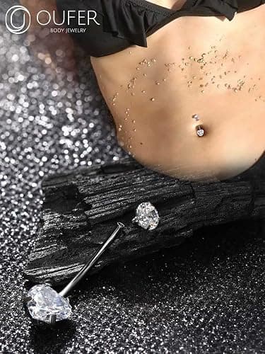 OUFER Titanium Belly Button Rings, Long Belly Piercing Jewelry, Clear CZ Belly Rings, Internally Thread Navel Piercing Jewelry For Women Men thumbnail 5