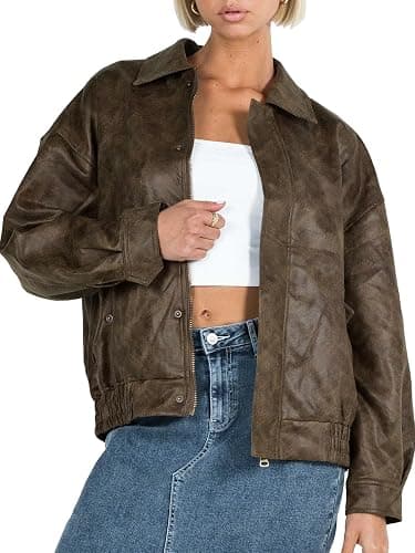 Tankaneo Womens Oversized Leather Jackets Trendy Zip up Bomber Motorcycle Coat 2025 Going out Outfits thumbnail 2