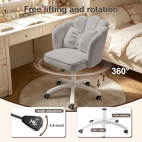 XUEGW Petal Desk Chair with Bow Cushion Velvet Vanity Chair with Wheels, Upholstered Home Office Chair for Girls Women, Mid-Back Swivel Computer Task Chairs for Living Room Bedroom thumbnail 5