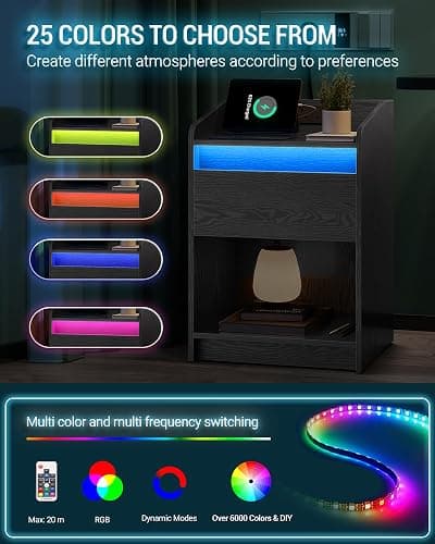 Hzuaneri Bedside Table with LED Light, Bedside Cabinet with Charging Station, 1 Storage Drawer Nightstand for Bedroom, Living Room, 2 USB Port, 2 Outlets, Open Compartment, Black NS04804X1UK thumbnail 5