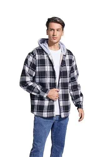 Derbars Men's Cotton Plaid Shirts Jacket Fleece Lined Flannel Shirts Sherpa Button Down Jackets with Hood for Men thumbnail 5