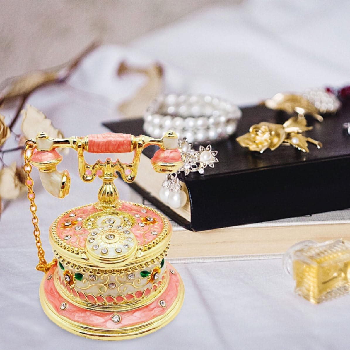 Ipetboom Jewelry Box Pink Telephone Shaped with Alloy Rhinestones Vintage Lightweight Trinket Organizer for Rings, Necklaces and Earrings Table Decor for Home thumbnail 8