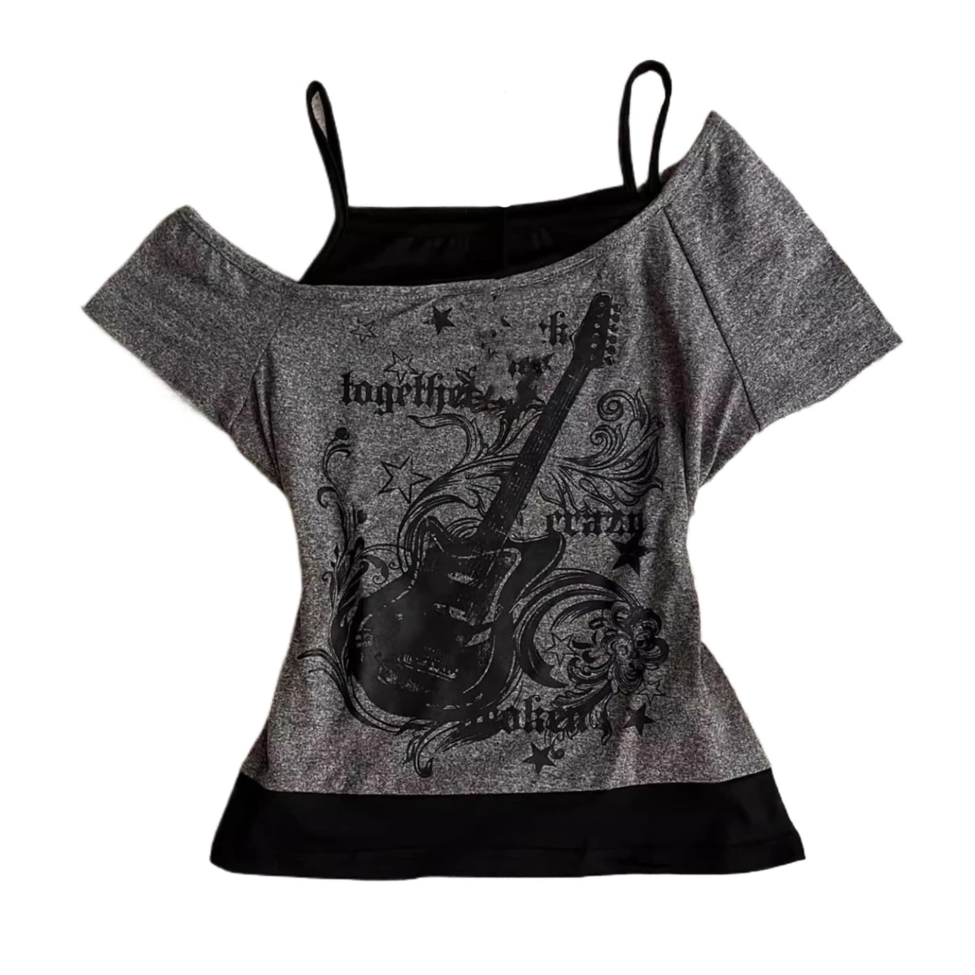 Women's Emo Grunge T-Shirt - Vintage Y2K Mock Two-Piece Guitar Graphic Baby T-Shirt, Gothic Aesthetics Short Sleeve Off Shoulder Crop Top, Retro Street Trend Punk Summer Harajuku Style - Image 1