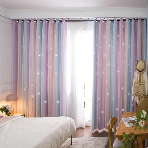 Yancorp Curtains for Girls Bedroom Kids Room Curtain Colorful Window Nursery Curtain 96 inches Length Room Darkening Grommet 2 Layers (Pink Purple, W52 X L96) - Pink Purple Green - 52"W x 96"L (Pack of 1) thumbnail 9