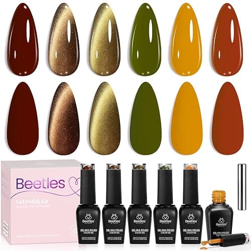 Beetles Fall Gel Nail Polish Set, 6 Burgundy Brown Olive Mustard Orange | 6 Warm Autumn Shades, Cat Eye Solid Color Gel Polish for Soak Off UV Led Manicures - Image 1