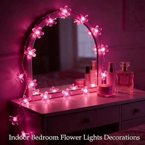 Pink Flower String Lights Valentine's Day Decor, 33ft 100 LED Plug in Decorative Fairy Floral Lamp, Create Romantic Cherry Blossom Dream for Bedroom, Wedding, Birthday Party Indoor Decorations thumbnail 7