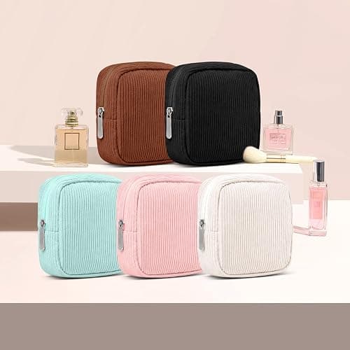 Small Makeup Bag for Purse – Mini Travel Cosmetic Pouch with Metal Zipper, Compact Corduroy Mini Makeup Bag for Cosmetics, Jewelry, Cables – Cute and Vintage Design, Beige thumbnail 7