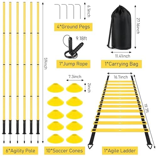 Soccer Agility Training Equipment: 6 Soccer Agility Poles, 20ft Agility Ladder, 10 Soccer Cones, 1 Jump Rope. Soccer Training Poles for Speed Training, Agility Training thumbnail 2