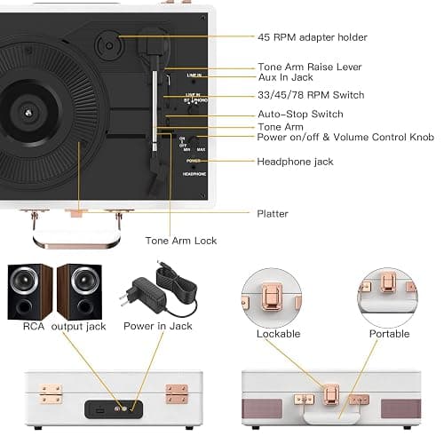 Trynnay Tourne-Disque Portable Bluetooth à 3 Vitesses avec Haut-parleurs intégrés, Tourne-Disque, Son Audio amélioré, Cuir ciré, Blanc thumbnail 4