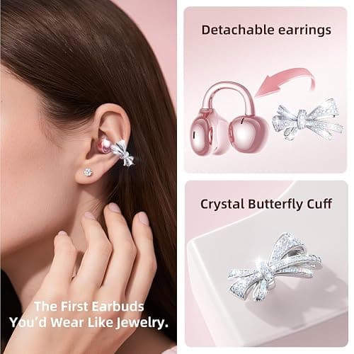 Kinglucky Jewelry-Inspired Clip-On Earbuds with Bow Earrings, Comfortable Fit & 50H Playtime Open Ear Bluetooth 5.4 Wireless Headphones for Women, Small Ears, Sports & Workouts (Pink) thumbnail 2