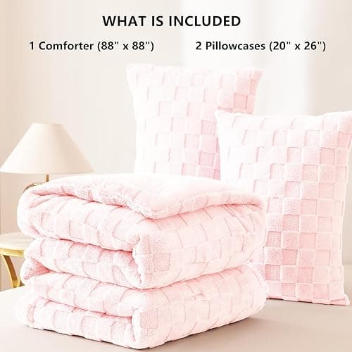 CozyLux Fleece Queen Comforter Set Blush Pink,Super Soft & Warm Fluffy Bedding with Checkered Pattern,Luxury Fuzzy Heavy Bed Set for Winter,3 Pieces,1 Comforter and 2 Pillowcases thumbnail 8