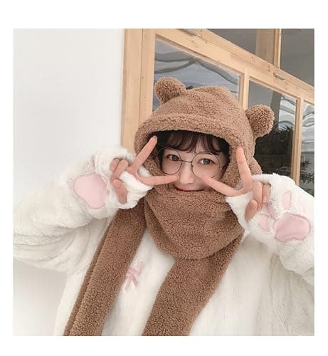 Women Kawaii Bear Ear Beanie Hat Scarf 2 in 1 - Cute Winter Warm Sherpa Thicken Fleece Fuzzy Japanese Fluffy Knit Hat Cap thumbnail 5