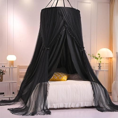 VETHIN Double Layer Princess Round Dome Canopy Bed Curtain for Girls Adults,Children Dreamy Mosquito Net,Cute Bedroom Decoration Castle Play Tent Reading Nook Canopies(Dome-Double Black) - Image 1