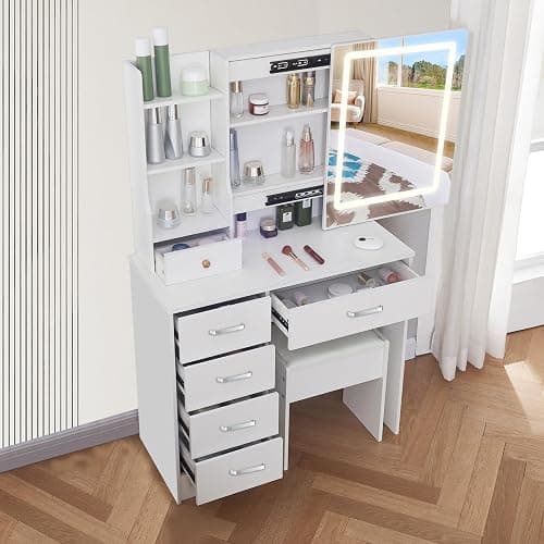 Hikooo White Modern Vanity Desk, Vanity Table with 5 Drawers, Storage Shelves and Stool, 3 Color Modes Adjustable Brightness Dressing Table for Dressing Table for Bedroom Dressing Room - Image 1
