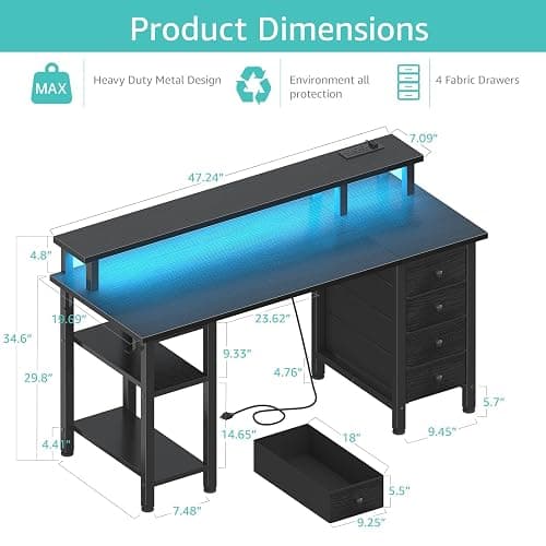 Lufeiya Black Gaming Desk with LED Lights and Power Outlets, 47 inch Computer Desk with Fabric Drawers and Storage Shelves, Home Office Desk with Monitor Stand, Black thumbnail 3