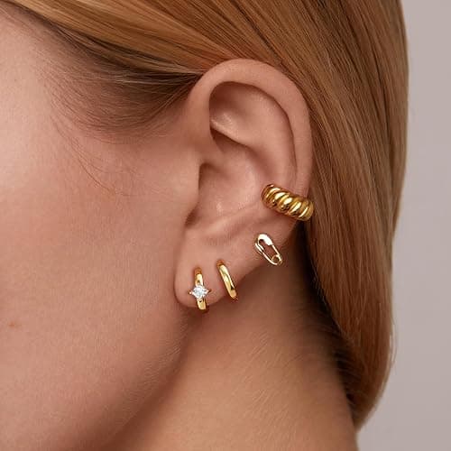 Freekiss 3 Pairs Gold Hoop Earrings Set: Dainty Stud Earrings Trendy Small 14K Gold Plated Hypoallergenic Dangle Cartilage Huggie Hoop Earrings for Women Gold Jewelry for Women Gifts thumbnail 4