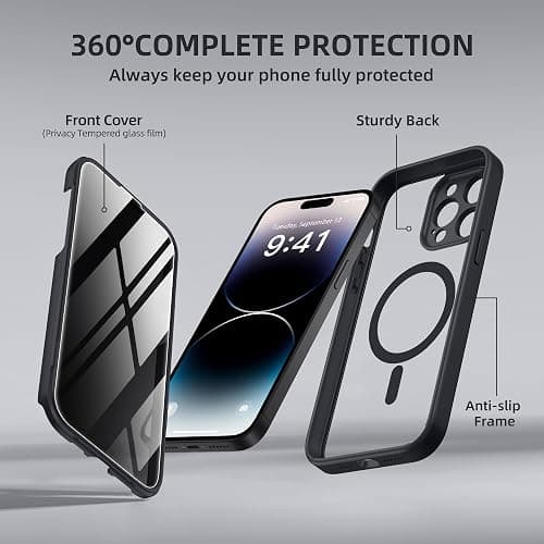 BERFY Magnetic for iPhone 14 Pro Max Case, Compatible with MagSafe, Built-in Privacy Screen Protector and Upgraded Camera Protection, Anti-Spy Full Body Shockproof Phone Case for 14 Pro Max 6.7",Black thumbnail 8