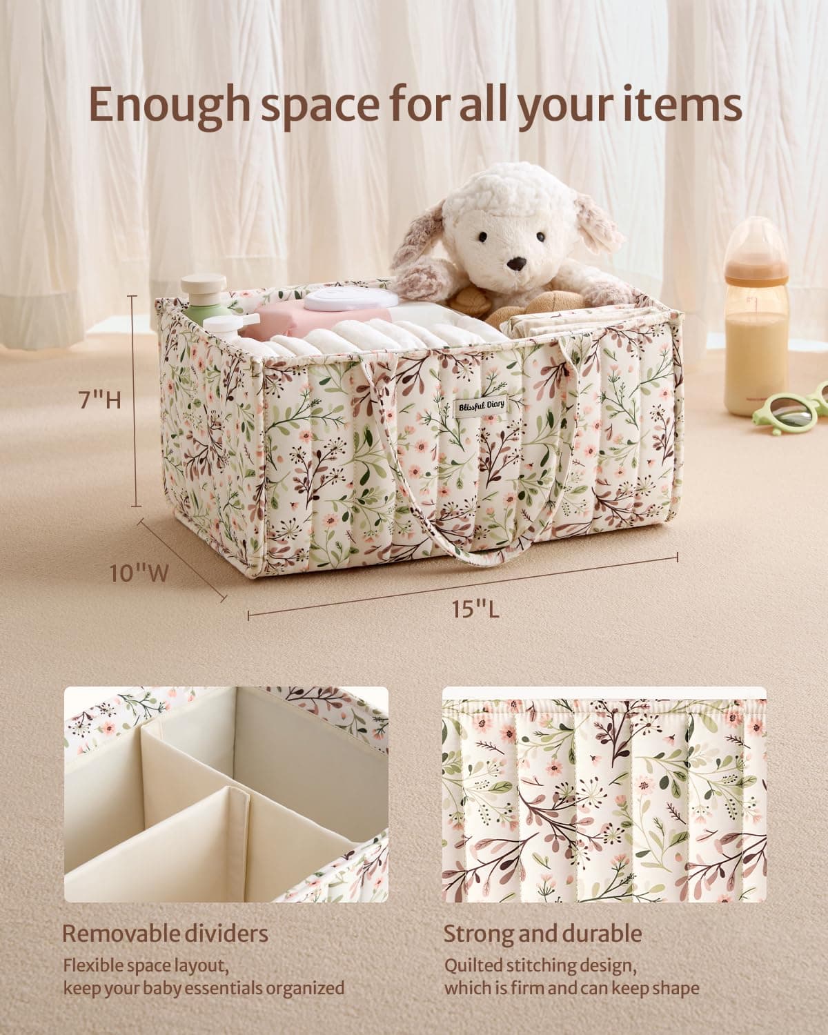 Blissful Diary Baby Nappy Caddy Organiser, Stylish Baby Diaper Caddy Storage Basket for Newborn Essentials and Diaper Station, Pastoral Daisy thumbnail 3