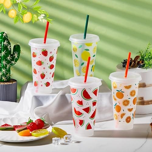 Chuangdi 12 Set 12 Set 24 oz Fruit Reusable Drinking Cups with Lids, Straws | Summer Party Favors Cups, Fruit Plastic Tumblers for Beach Pool Party, Tropical Luau, BBQ, Picnic, Family Gatherings thumbnail 2