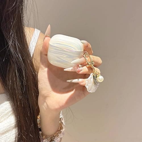 for Airpods 4 Case Cover - Soft TPU Protective Case for Apple Airpod 4 Generation 2024 with Shell Pearl Keychain, Glitter Shell Pattern Airpods 4 Cover for Girls Women, Dazzling White thumbnail 7