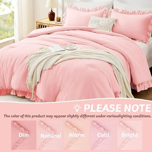 FUANNA Pink Queen Comforter Set, 3 Pieces Ruffle Queen Bed Set, Fluffy Bed in a Bag Queen for All Seasons, Shabby Chic Bedding Comforter Sets with 1 Lightweight Comforter & 2 Pillowshams thumbnail 6