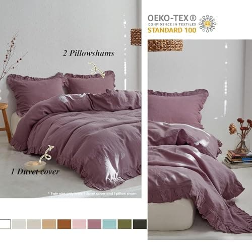 Simple&Opulence 100% Linen Duvet Cover Set, 3 PCS Natural French Flax Purple Ruffle Duvet Cover King Size, Breathable Comfy Linen Bedding Comforter Cover with 2 Pillowcases (Purple, 104" X 92") thumbnail 6
