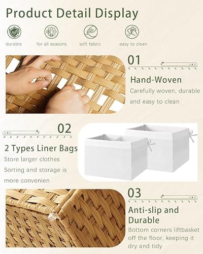 SETVSON Storage Basket with Lid Rattan Woven Storage Baskets with 2 Separate Lids, 17.2 Gallon (65 L), 22 x 13 x 13.8 Inches,Foldable, 2 Removable Liner Bags Handles for Bedroom, Laundry Room Natural thumbnail 5