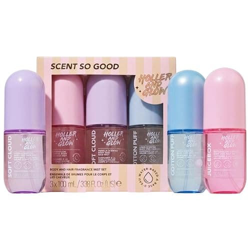 Holler And Glow Scent So Good Variety Pack Body & Hair Fragrance Mist Trio | Allergen-free water-based sprays in delicious vanilla, fresh linen & juicy watermelon. Gentle vegan formulas safe for kids. - Image 1