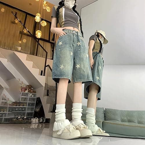 RILGOU High Rise Wide Leg Star Print Jean Bermuda Shorts thumbnail 4