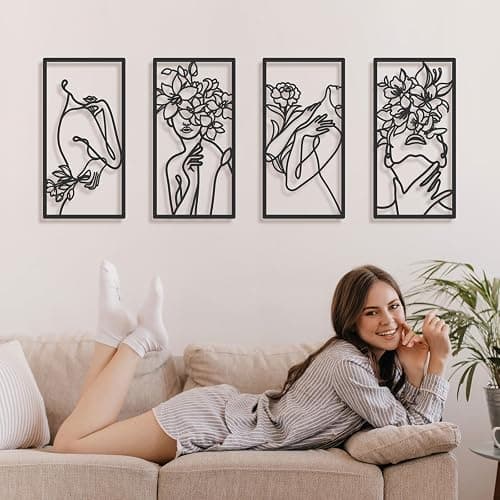 Bakovity Black Metal Wall Decor, Abstract Woman Wall Art, Minimalist Line Wall Decor, Modern Aesthetic Metal Wall Art for Bedroom Bathroom Living Room (4 Pcs, 17 x 9 in) - Dark Black thumbnail 6