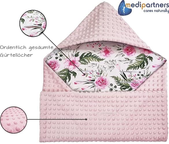 Medi Partners Einschlagdecke Baby Babyschale 100% Baumwolle für Sommer 85x85cm Kinderwagen Kuscheldecke universal Baby Decke Einschlagdecken Babydecke Buggy Autositz (Blument mit Hellrosa Minky) - Hellrosa Blument mit Hellrosa Minky - 85x85cm thumbnail 5