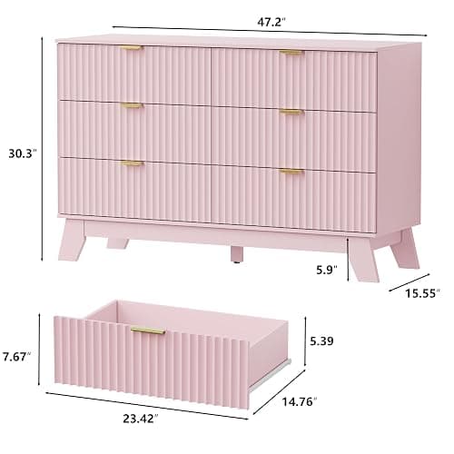 6 Drawer Dresser for Bedroom, Fluted Dressers Chest of Drawers with Gold Handle, Mid Century Modern Dresser for Closet, Wood Closet Storage Organizer Furniture for Bedroom, Living Room, Hallway, Pink thumbnail 2