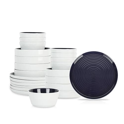 Stone Lain Elica 24-Piece Modern Dinnerware Set Stoneware, Plates and Bowl Sets for 8, Navy and White - Image 1