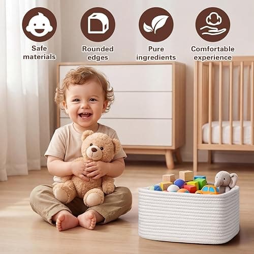 Storage Baskets for Shelves, 2 Pack Shallow Basket - 10.5" x 10.5" x 5.5", Rope Baskets for Organizing Toys, Snacks, Cube Storage Bins for Closet, Bedroom, Nursery, White thumbnail 5