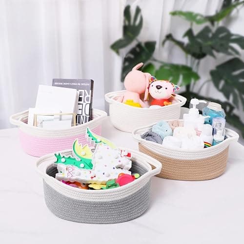 ABenkle Small Basket with Handles, Boho Decorative Rope Woven Dog Cat Toy Storage Bin Shelf Storage Organizer, Easter Christmas Gift Basket, 12"x8"x5", White thumbnail 6