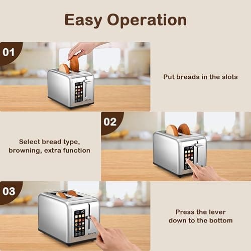 Mecity 2 Slice Toaster Touch Screen 1.5" Wide Slot, Stainless Steel Smart Bread Toaster for Bagel Muffin Waffle Gluten Free Breads, Timer, Defrost, Reheat, 120V 825W - Stainless Steel thumbnail 6
