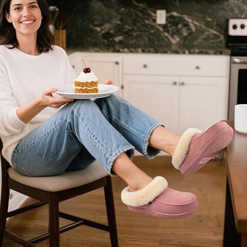 HomeTop Women's Comfy Moccasin Style Memory Foam Slip on Slippers Soft Microsuede Clog House Shoes with Luxury Fuzzy Fur Collar thumbnail 2